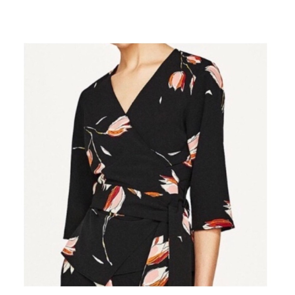Zara Basic Collection Black Floral Print Wrap Top Blouse Medium